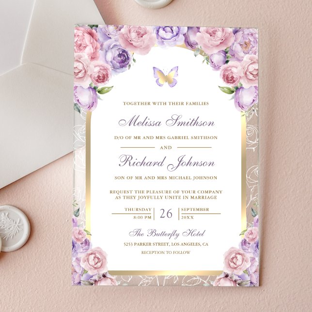 Invitations En Acrylique Lavender Pink Floral Gold Arch Butterfly Wedding (Créateur téléchargé)