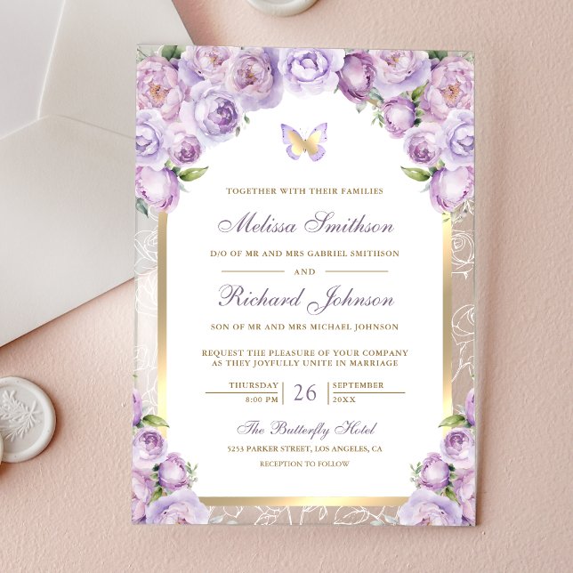 Invitations En Acrylique Lavender Purple Floral Gold Arch Butterfly Wedding (Créateur téléchargé)
