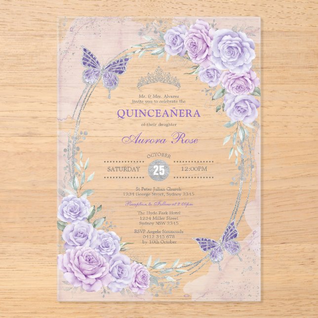 Invitations En Acrylique Lavender Silver Quinceanera Mis Quince 15 Anos (Recto)