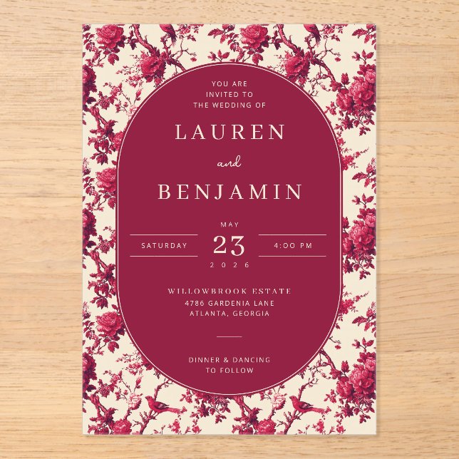 Invitations En Acrylique Lavish Crimson Blooms Wedding (Recto)