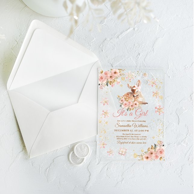 Invitations En Acrylique Le cerf d'hiver rose est un Baby shower de fille (Créateur téléchargé)