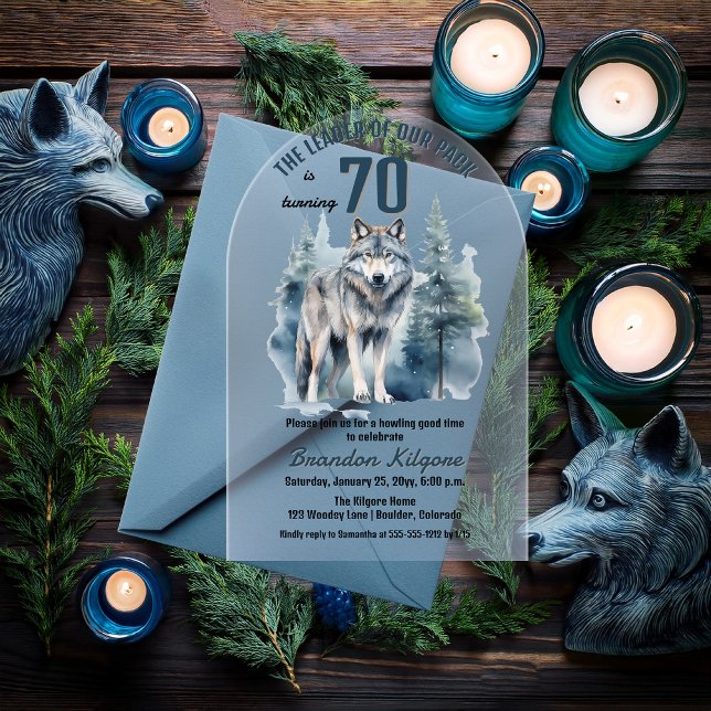 Invitations En Acrylique Le chef de notre pack Wolf 70e fête d'anniversaire ("The Leader of Our Pack is Turning 70" 70th Birthday Arched Acrylic Invitation)