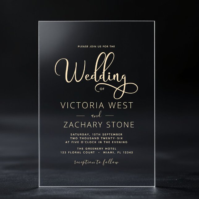 Invitations En Acrylique Le Mariage de Script de Mariage en Or (Créateur téléchargé)
