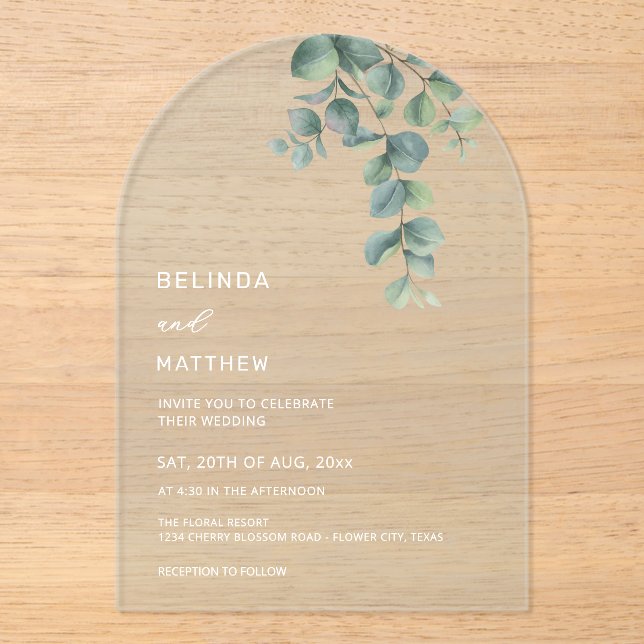 Invitations En Acrylique Leaves Watercolor Flowers Clear Arch (Recto)