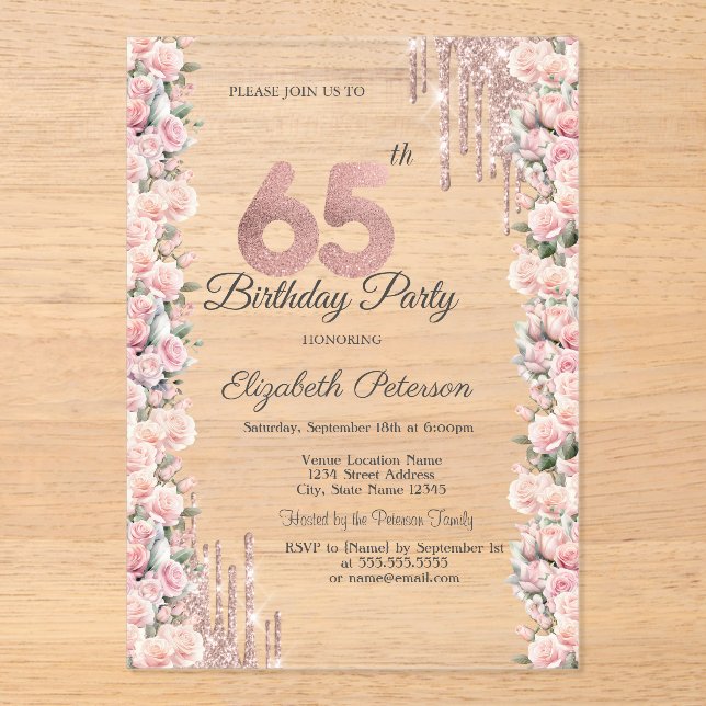 Invitations En Acrylique Lecteurs de cadres rose Rose Gold 65e anniversaire (Recto)