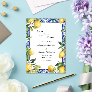Invitations En Acrylique Lemon Blue Mediterranean Wedding The Save Date