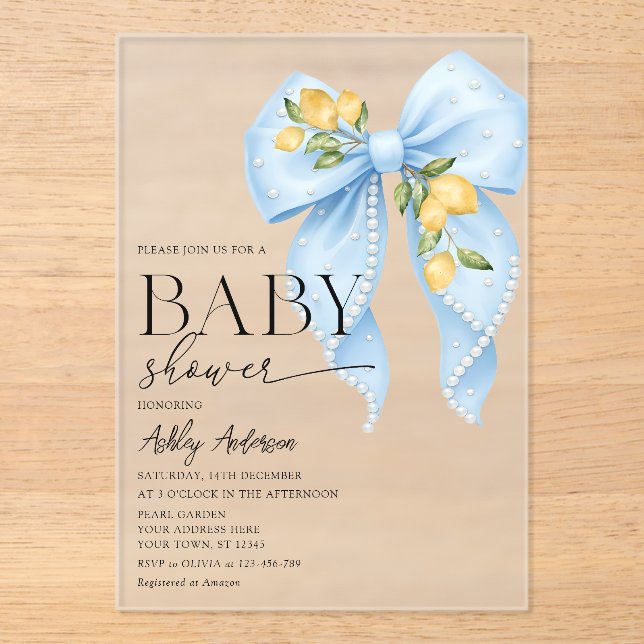 Invitations En Acrylique Lemon Bow Pearl Baby Shower (Recto)