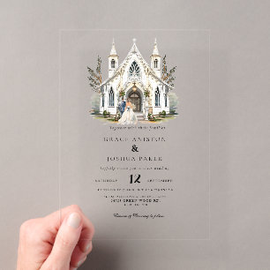 Invitations En Acrylique Lieu de mariage élégant église aquarelle manoir