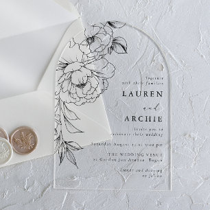 Invitations En Acrylique Ligne Élégante Fleurs Artistiques Mariage Noir & B