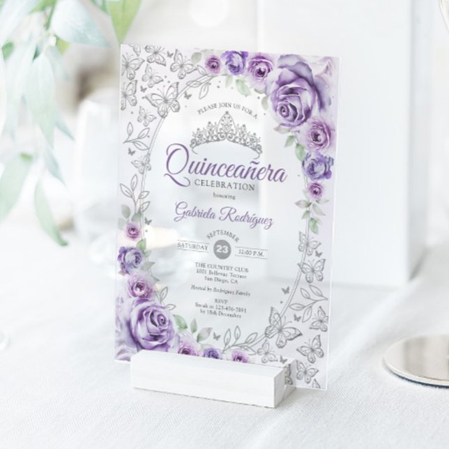 Invitations En Acrylique Lilac Purple Silver Floral Quinceanera (Créateur téléchargé)