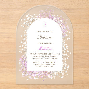 Invitations En Acrylique Lilas blanc Gypsophile baptême de bébé fille