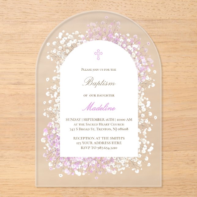 Invitations En Acrylique Lilas blanc Gypsophile baptême de bébé fille (Recto)