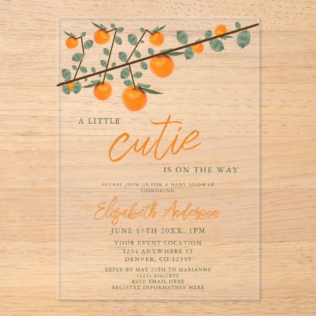 Invitations En Acrylique Little Cutie Orange Baby shower neutre de genre (Recto)