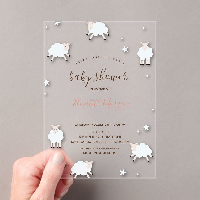 Invitations En Acrylique Little Lamb Sheeps Cloud Stars Baby Shower  (In situ (ordinateur de poche))