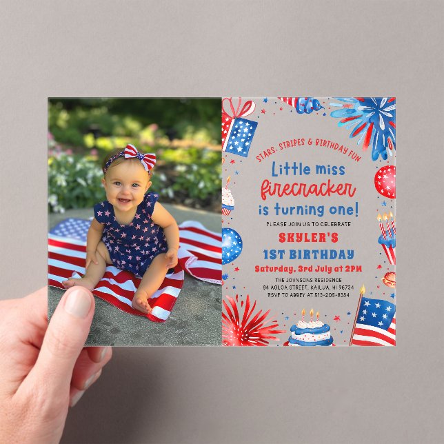 Invitations En Acrylique Little Miss Firecracker 4 juillet 1er anniversaire (In situ (ordinateur de poche))