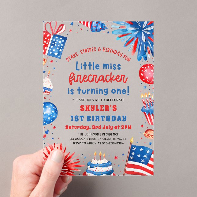 Invitations En Acrylique Little Miss Firecracker 4 juillet 1er anniversaire (In situ (ordinateur de poche))