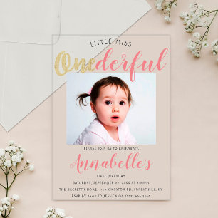 Invitations En Acrylique Little Miss Onederful Photo 1er anniversaire