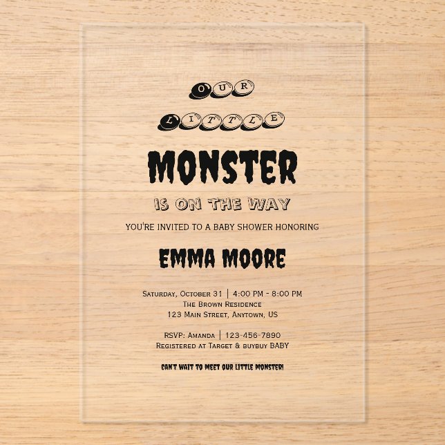 Invitations En Acrylique Little Monster Baby Shower Typography Design (Recto)