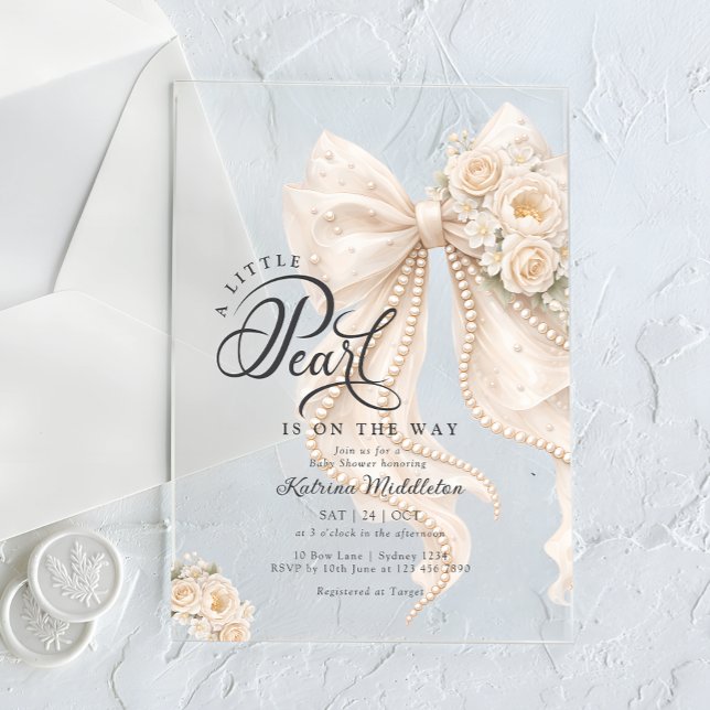 Invitations En Acrylique Little Pearl Bow Floral Baby Shower (Créateur téléchargé)