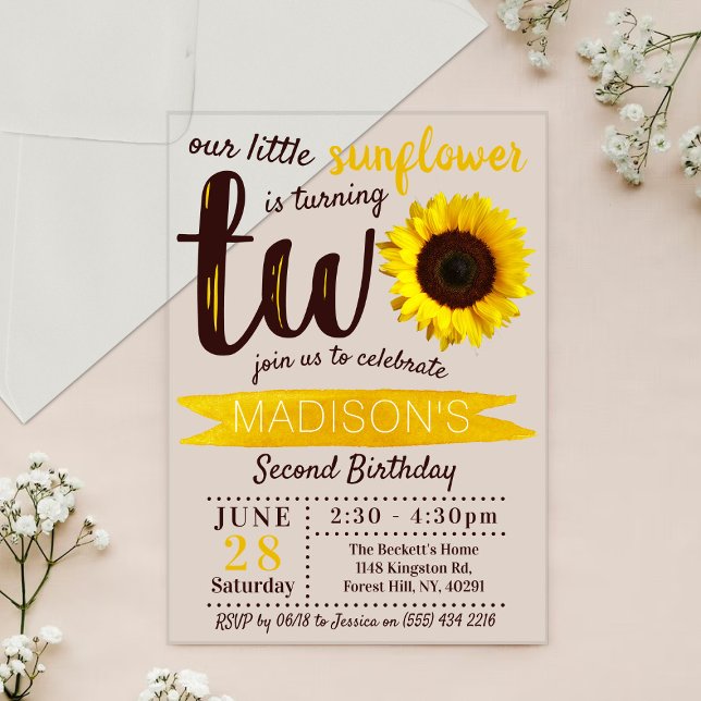 Invitations En Acrylique Little Sunflower 2e anniversaire (Créateur téléchargé)