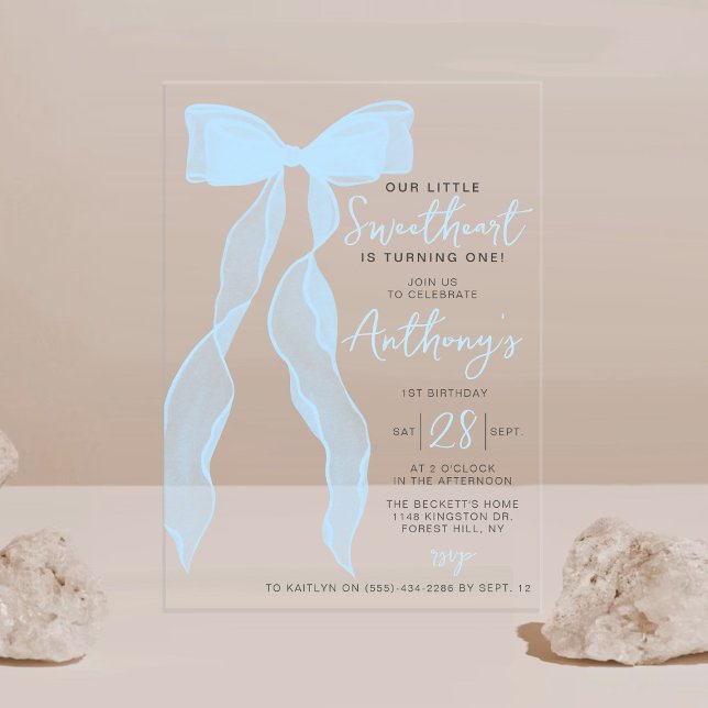 Invitations En Acrylique Little Sweetheart Elegant Blue Bow Birthday Party (Créateur téléchargé)