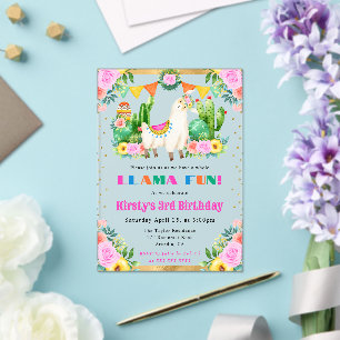 Invitations En Acrylique Llamas Fleuris d'Été à l'Aquarelle pour l'Annivers