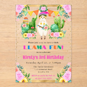 Invitations En Acrylique Llamas Fleuris d'Été à l'Aquarelle pour l'Annivers