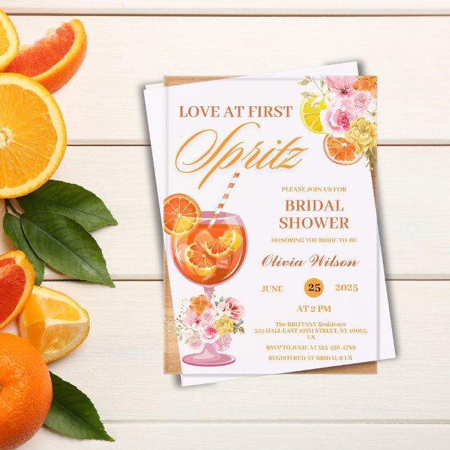 Invitations En Acrylique Love at First Spritz Floral Cocktail Fête des mari (love at first spritz bridal shower invitations cocktail drink modern elegant citrus bride orange )