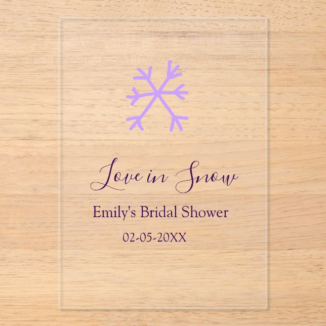Invitations En Acrylique Love in Snow bridal shower purple snowflakes paste (Recto)