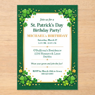 Invitations En Acrylique Lucky Green Gold Festive Shamrock Clover Birthday 