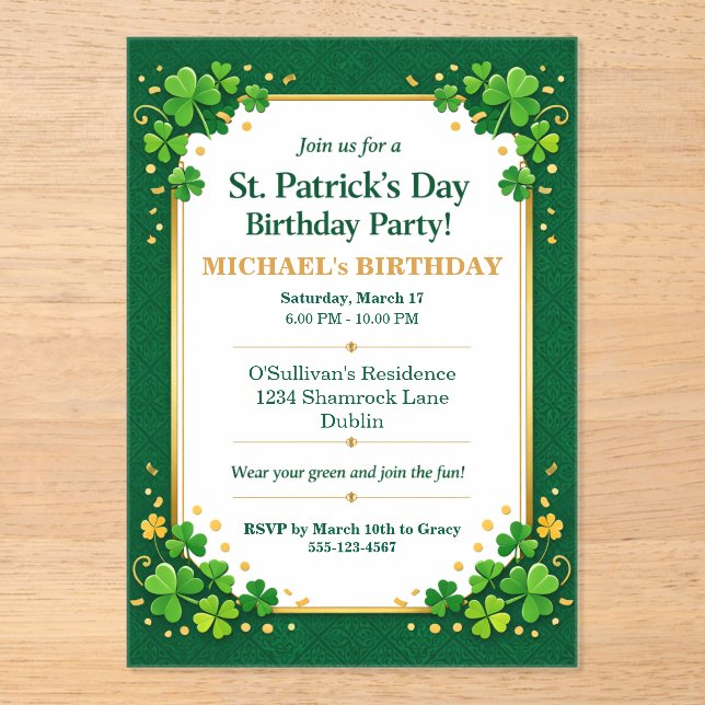 Invitations En Acrylique Lucky Green Gold Festive Shamrock Clover Birthday  (Recto)