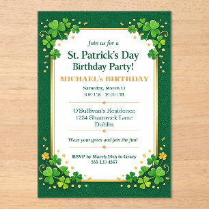 Invitations En Acrylique Lucky Green Gold Shamrock Fêtard Fête d'anniversai