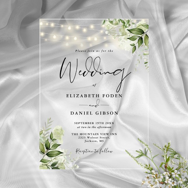 Invitations En Acrylique Lumières de chaîne florales de verdure Script Mari (Greenery Floral String Lights Script Wedding Acrylic Invitations)