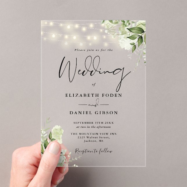 Invitations En Acrylique Lumières de chaîne florales de verdure Script Mari (In situ (ordinateur de poche))