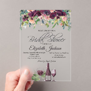 Invitations En Acrylique Lumières de Verre à Vin Roses Bordeaux Shower de M