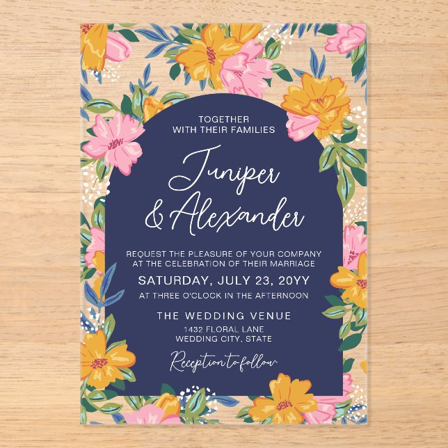 Invitations En Acrylique Lush Pink Yellow Flowers Dark Blue Wedding (Recto)