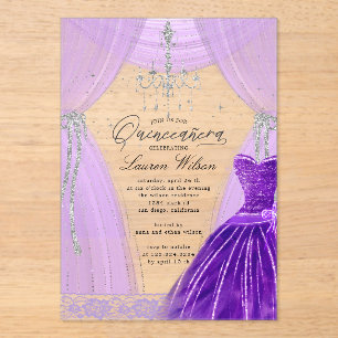 Invitations En Acrylique Lustre violet luxueux Sparkle Quinceanera