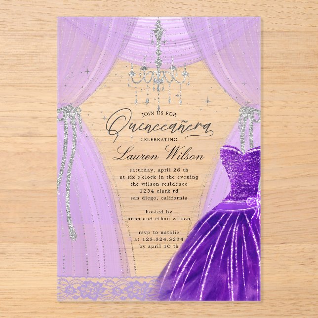 Invitations En Acrylique Lustre violet luxueux Sparkle Quinceanera (Recto)