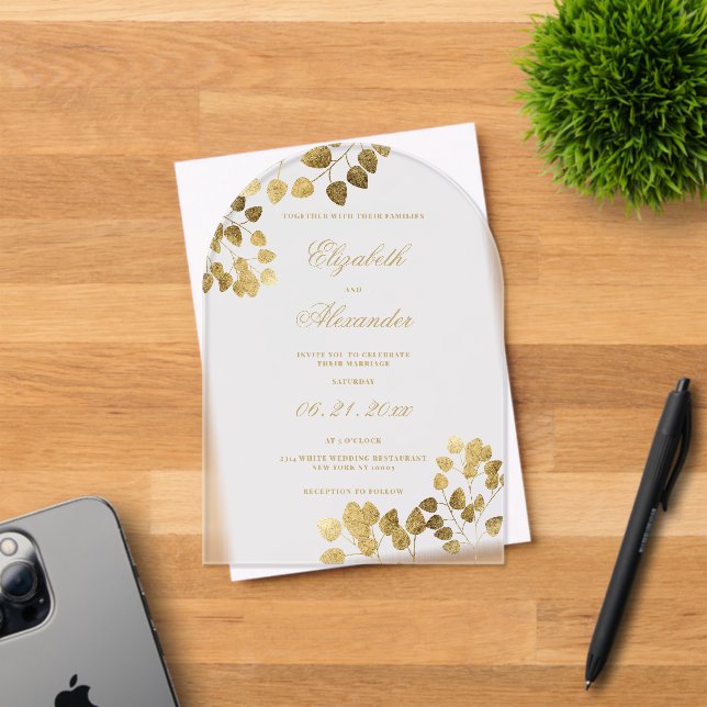 Invitations En Acrylique Luxe blanc or eucalyptus élégant mariage (Insitu (Carte d'invitation))