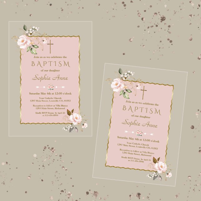 Invitations En Acrylique Luxe Blush rose Or Fleurs Fille Baptême (Créateur téléchargé)