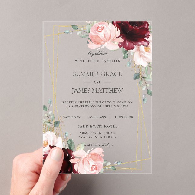 Invitations En Acrylique Luxe Bourgogne Blush Roses Rose Mariage Floral (In situ (ordinateur de poche))