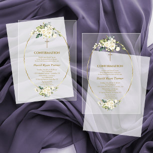 Invitations En Acrylique Luxe Fleurs blanches Gold Premier garçon Confirmat