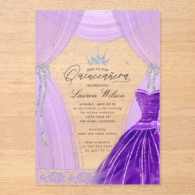 Invitations En Acrylique Luxueuse princesse violette Sparkle Quinceanera (Recto)