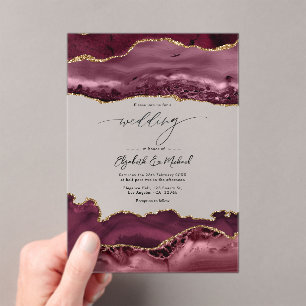 Invitations En Acrylique Luxueux Faux Paillettes Bourgogne & Agate Dorée Ma