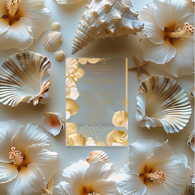 Invitations En Acrylique Luxueux Mariage acrylique Pearl et Gold Seashell (Elegant Coastal Destination Wedding Acrylic Invitation )