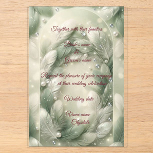 Invitations En Acrylique Luxueux sphère plume verte & Diamants Mariage