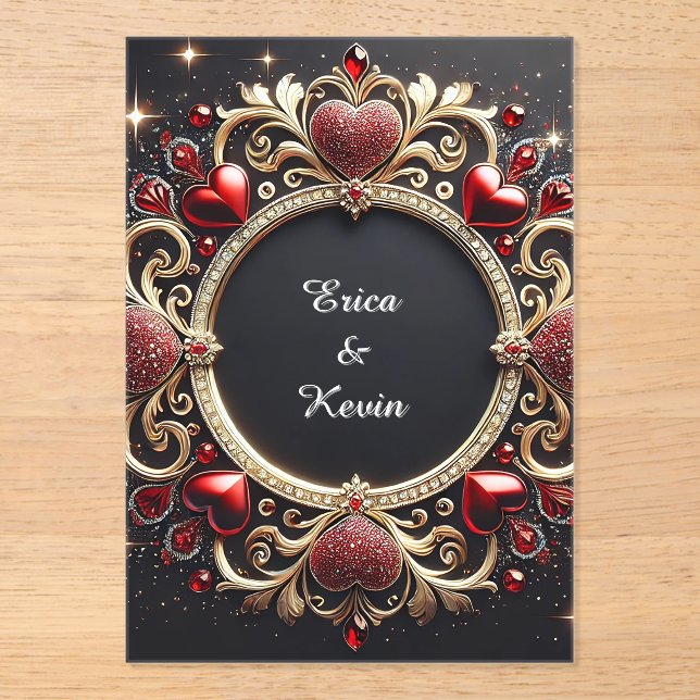 Invitations En Acrylique Luxurious Wedding Gold Frame With Red Hearts (Recto)