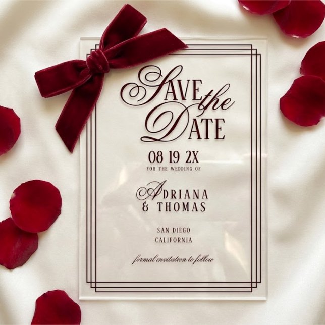 Invitations En Acrylique Luxury Burgundy Calligraphy Wedding Save The Date (Créateur téléchargé)