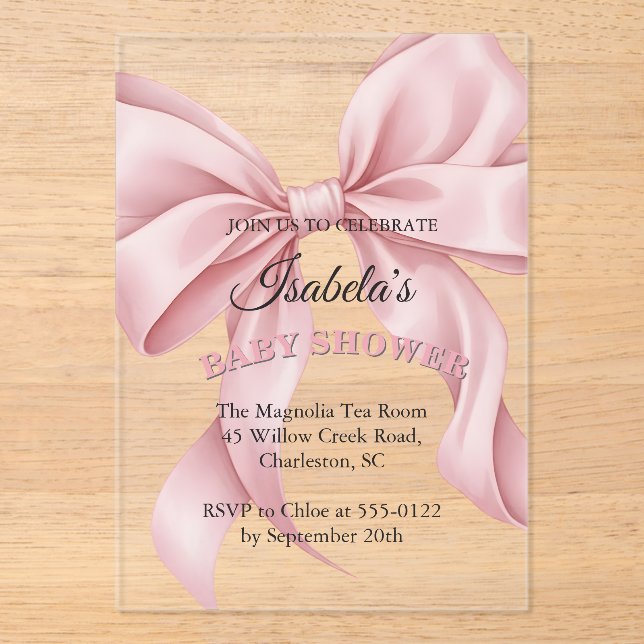Invitations En Acrylique Luxury Coquette Pink Bow Baby Shower Girl Acrylic (Recto)