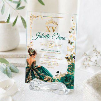 Invitations En Acrylique Luxury Emerald Green & Gold Acrylic Quinceañera